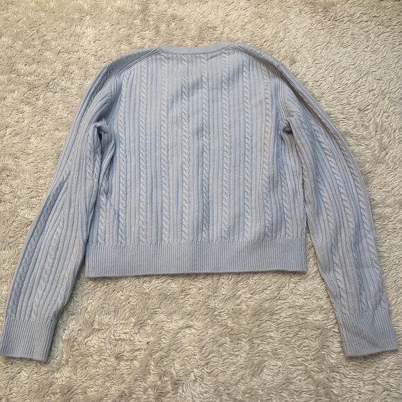 Maje Sz 3 US L Wool Cashmere Baby Blue Cable Knit Button Up Cardigan Sweater - Picture 4 of 12